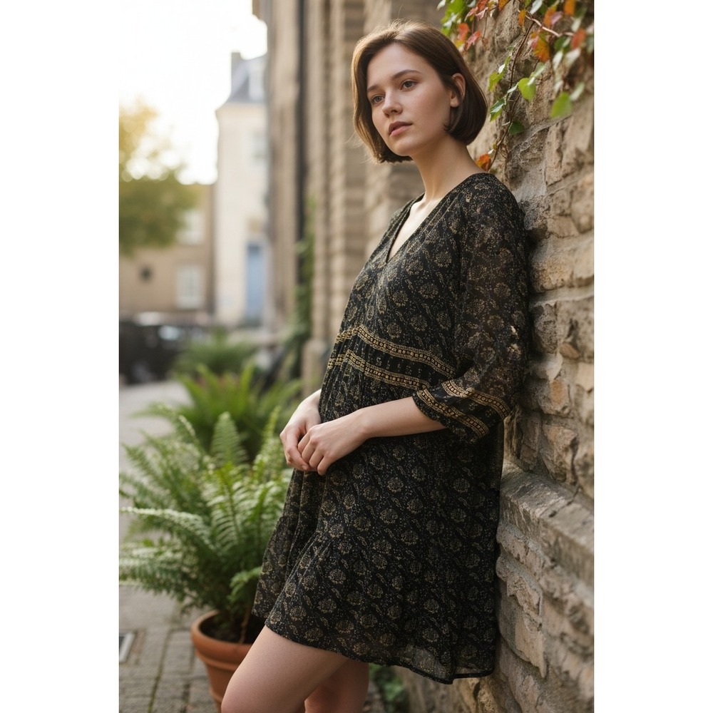 ba&sh Becky Carbone‎ Black Gold Paisley Floral Print Mini Dress Women Small Boho